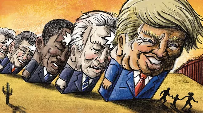 a series of presidents-as-dominos — from bill clinton to george bush to barack obama to joe biden — knock into each other, pushing a trump domino onto a small family in the desert
