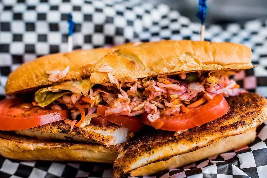 The Blackened Catfish Style PoBoy at Satchmo's Cajun & BBQ. - SATCHMO'S CAJUN & BBQ