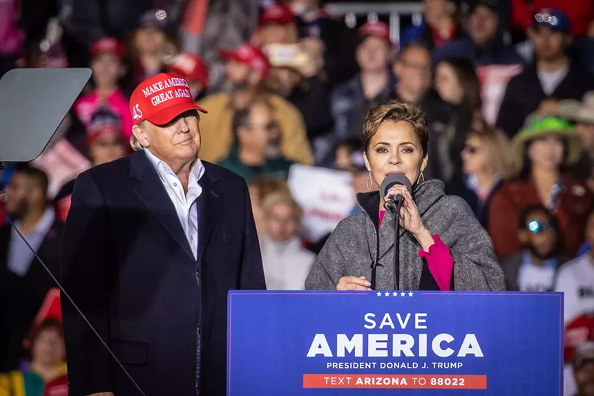 Former president Donald Trump invited Arizona gubernatorial hopeful Kari Lake on stage during his speech during the Save America rally in Florence, Arizona. - JACOB TYLER DUNN