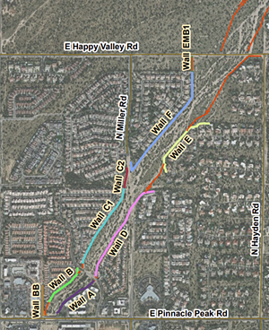 New concrete walls that will be added to the Rawhide Wash as part of a four-year-long mitigation project are shown in red on this map of northwest Scottsdale. - MARICOPA COUNTY