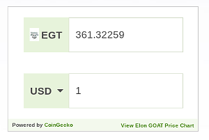 Here's the value of Elon Goat Token when compared to the U.S. dollar on February 14, 2022. You would need 361 Elon Goat Token digital coins for every $1 U.S. dollar in cash. - ELON GOAT TOKEN
