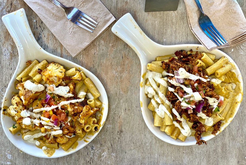 Pomegranate Cafe's gluten-free mac and cheese with habanero Buffalo cauliflower and BBQ jackfruit. - ALLISON YOUNG
