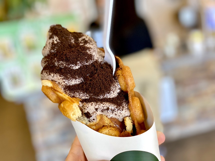 Orea soft serve with Oreo crumbs in a bubble waffle at Cha Tea. - ALLISON YOUNG