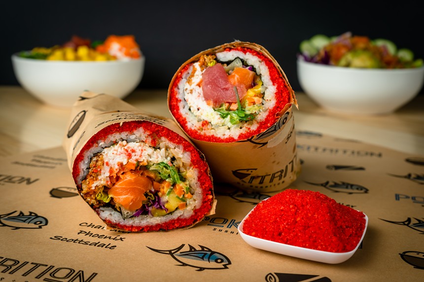 Sushi burrito with Hot Cheeto Crunch on the outside.  - PHOTO BY POKITRITION.