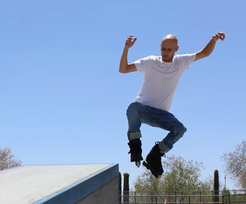Chad Hornish shows off his skills at a skate park in Anthem, an opulent suburb just north of Phoenix. - ELIAS WEISS