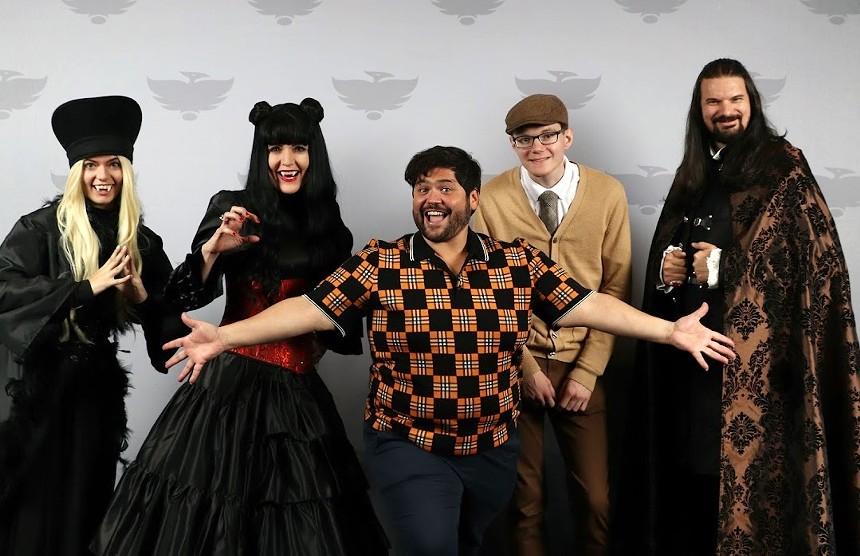 Ellie (far left), Pam (left), Alan (right), and Ken Crandall (far right) with What We Do in the Shadows actor Harvey Guillén. - PAM CRANDALL