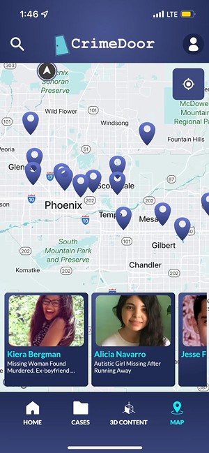 A geo-targeted case profile map alerts users to murders, missing persons, and unresolved cases in their area.  - Screenshot