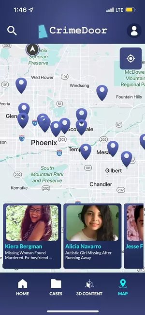 A geo-targeted case profile map alerts users to murders, missing persons, and unresolved cases in their area. - Screenshot