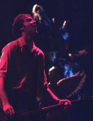 Krist Novoselic plays bass during a 1993 Nirvana concert.