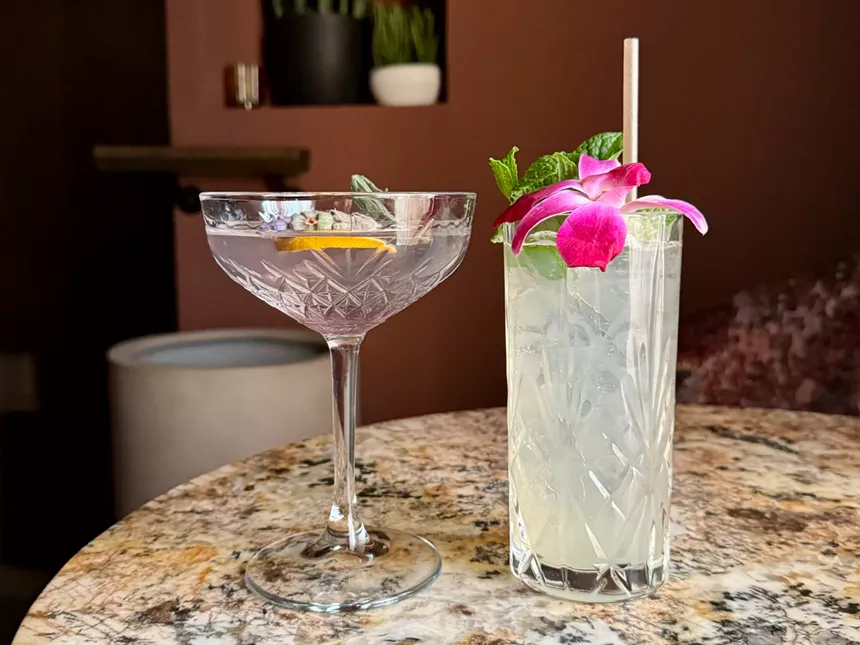 Two gin cocktails on a table.
