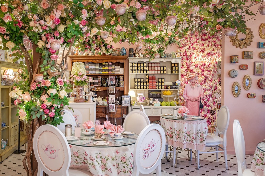 Flower-filled dining room at English Rose Tea Room.