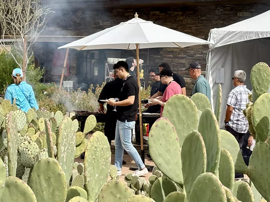 Cactus and people with plates.
