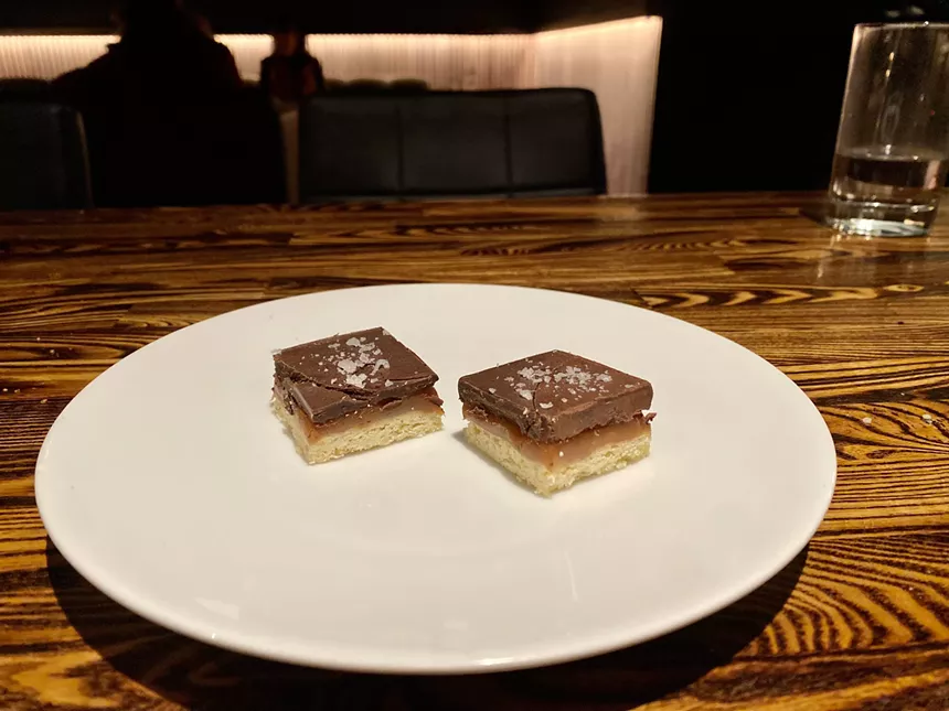 Two pieces of Billionaire's Shortbread at Bar Cena.
