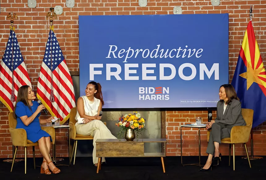 Arizona Corporation Commissioner Anna Tovar, actress Francia Raísa, and Vice President Kamala Harris