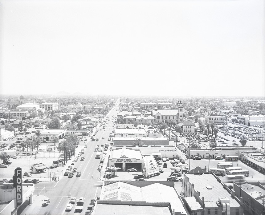 a 1946 photo of Van Buren St in Phoenix, featuring St. Mary's Basilica