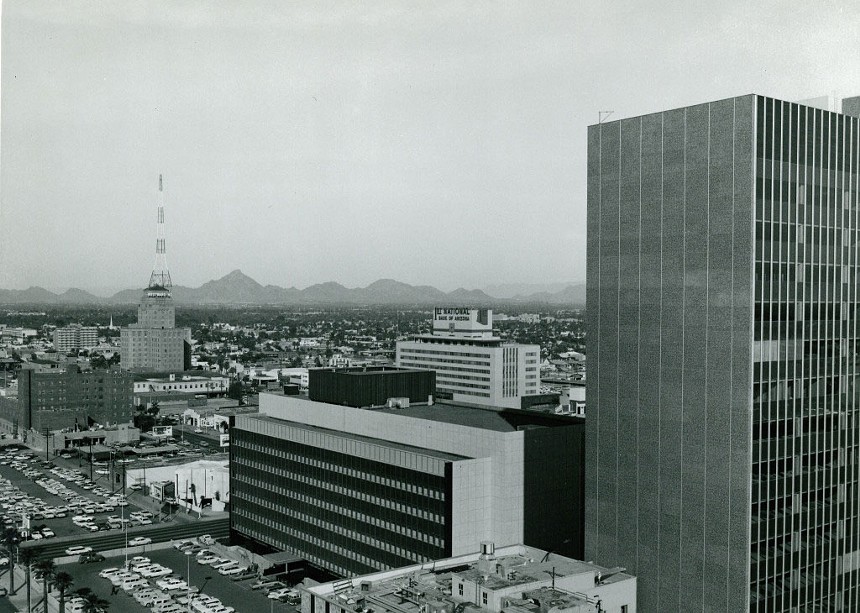 A 1969 photo of downtown Phoenix with the Westward Ho and First National Bank of Arizona visible.