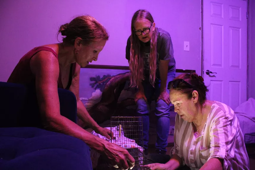 three women in a darkly lit room looking at a metal animal trap