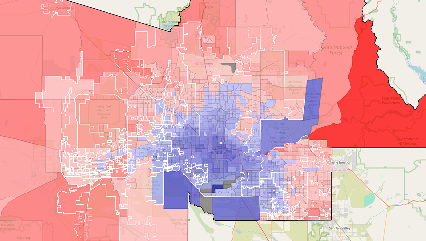 a map of maricopa county with voting precincts shaded red or blue