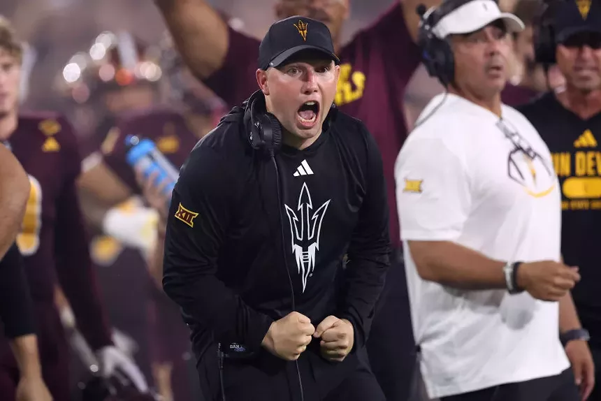 Head coach Kenny Dillingham of the Arizona State Sun Devils reacts after a third down conversion during the second half against the Kansas Jayhawks on Oct. 5.