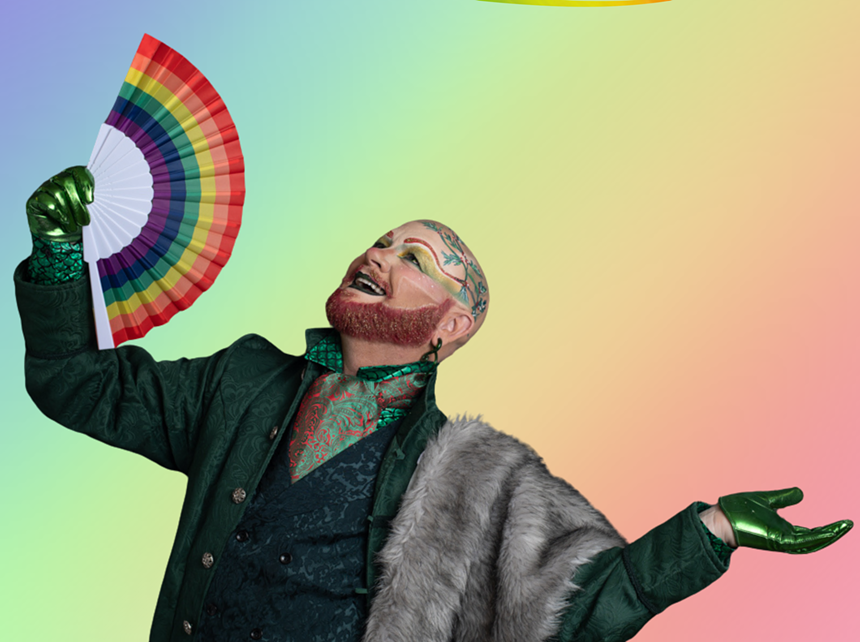 A person in extreme makeup and old-fashioned clothes.