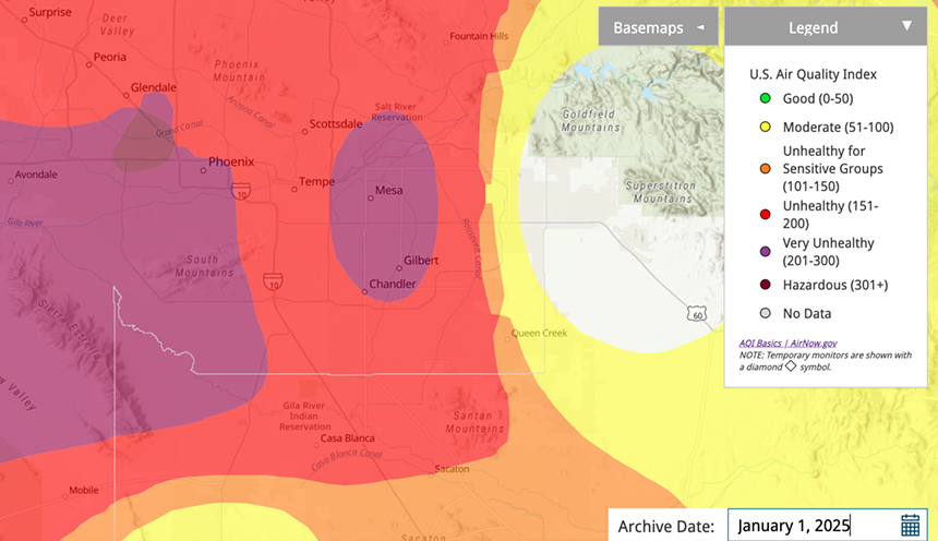 a map of the phoenix area showing color-coded air quality levels