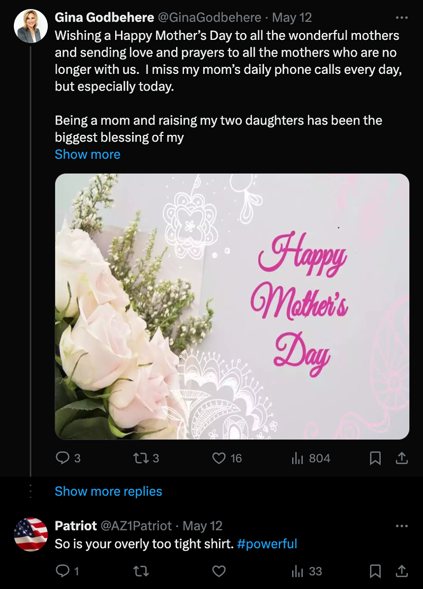 Two tweets. One is a mother's day message from an account named Gina Godbehere. The second, a replay to the first, is from an account named AZ1Patriot and says "so is your overly too tight shirt"