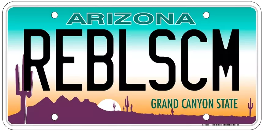an arizona license plate that says "REBLSCM"
