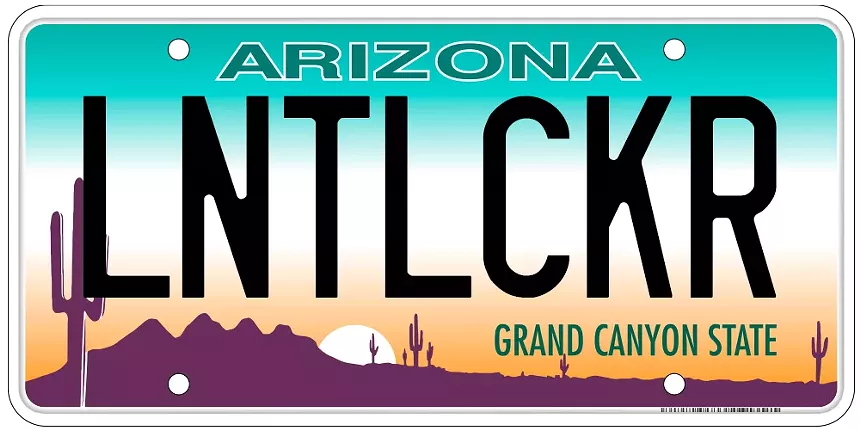 an arizona license plate that says "LNTLCKR"