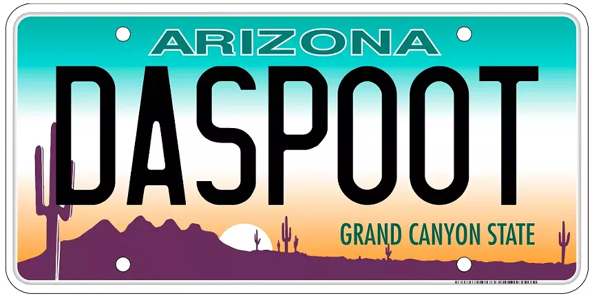 an arizona license plate that says "DASPOOT"
