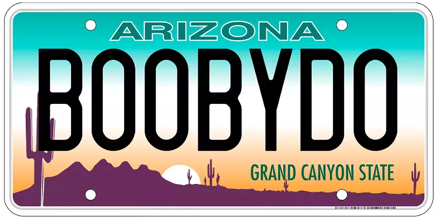 an arizona license plate that says "BOOBYDO"