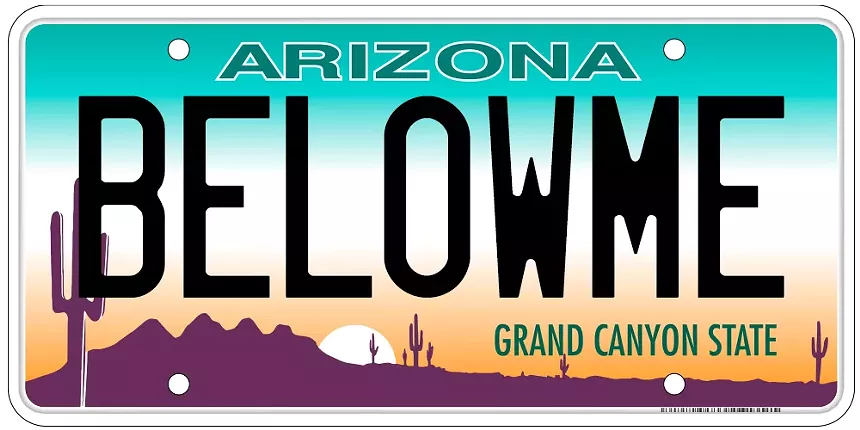 an arizona license plate that says "BELOWME"
