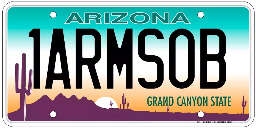 an arizona license plate that says "1ARMSOB"