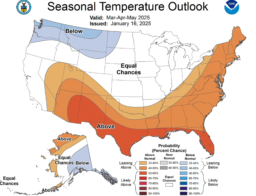 a map of the U.S. showing that Arizona is likely to have above-average temperatures in spring