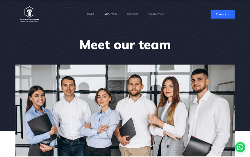 a screenshot of a website for Migracion Vernal that says "meet our team," featuring several people standing together