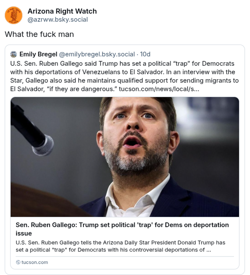 the arizona right watch account saying 'what the fuck man' to a tweet about ruben gallego