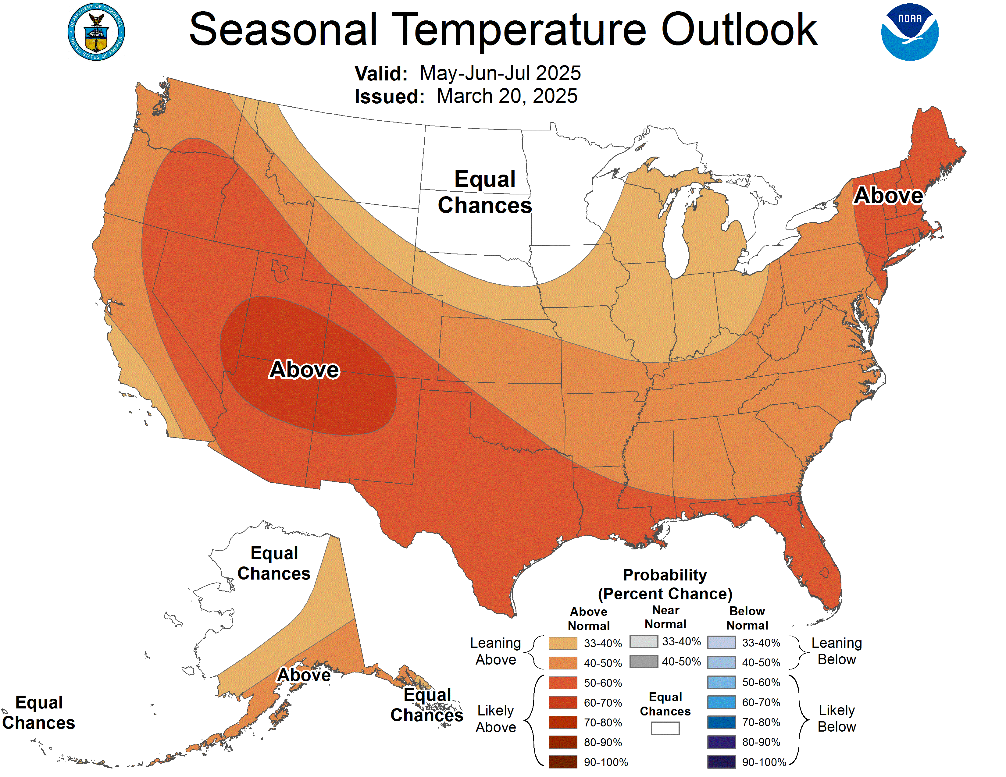 a u.s. map showing above or below average temperature chances for summer 2025. arizona has strongly above average temperature chances