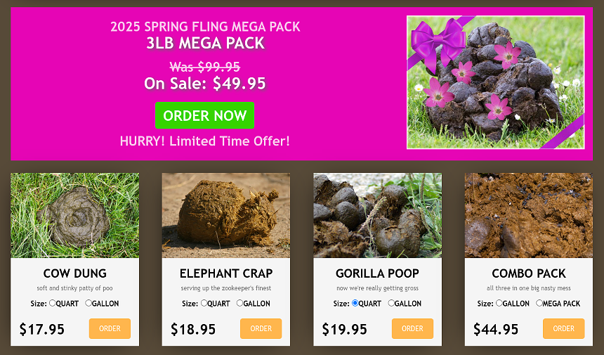 a screenshot of a site that accepts money to send poop in the mail