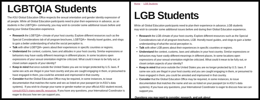 a screenshot showing the before and after of a webpage for queer students that scrubbed mentions of trans people