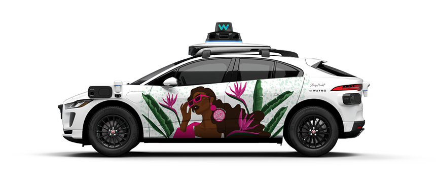 a driverless car with a design of a woman and flowers on the side