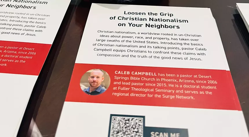 a flyer that says "loosen the grip of Christian nationalism on your neighbors" and features a pastor named Caleb Campbell