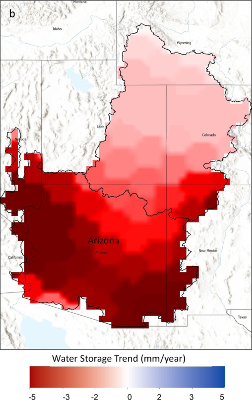 a map showing how much groundwater levels are depleting across the colorado river basin, with southern arizona losing groundwater faster than other areas