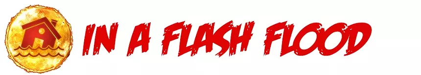 a logo of a house disappearing under water and the words 'in a flash flood'