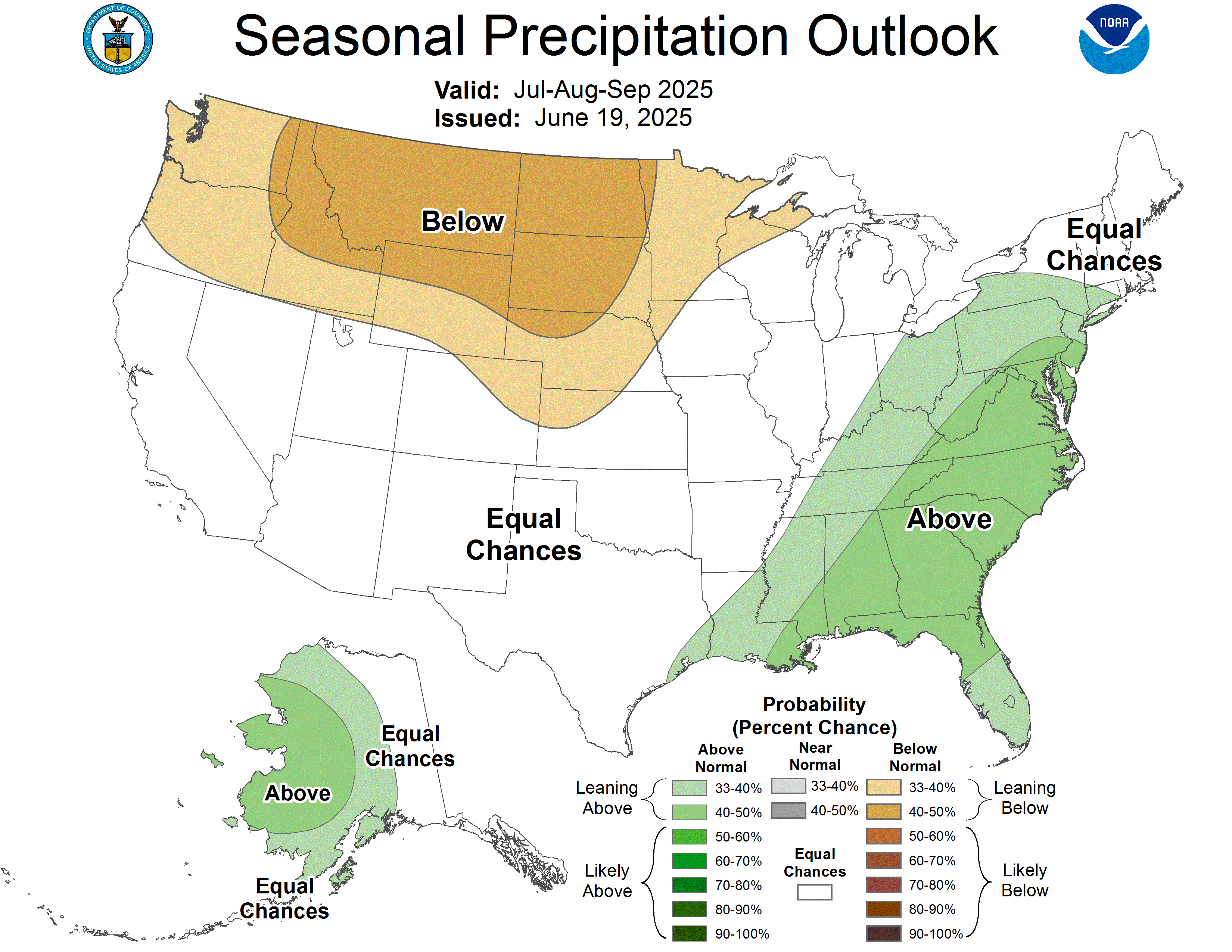 a map of the U.S. showing projected rainfall from July to September, with swathes in green expecting above-normal rain and swaths in tan expecting below-normal. Arizona, like much of the west, is in white, with the odds tilting in neither direction