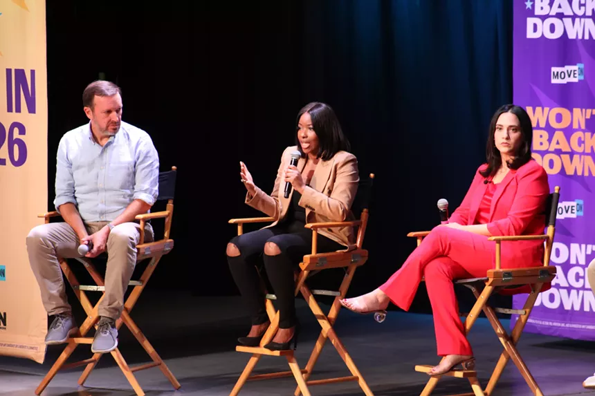 chris murphy, jasmine crockett and yassamin ansari on a stage