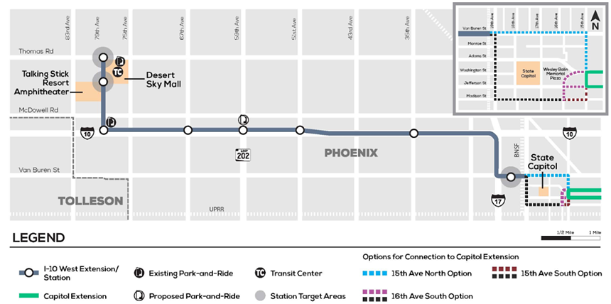 A route map for Valley Metro's I-10 Extension, with route options for the related Capitol Extension included.