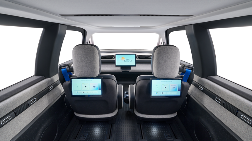 the interior of a vehicle with no steering wheel