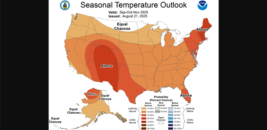 a temperature forecast map of the united states, showing much of the western u.s. should expect hotter than usual temperatures