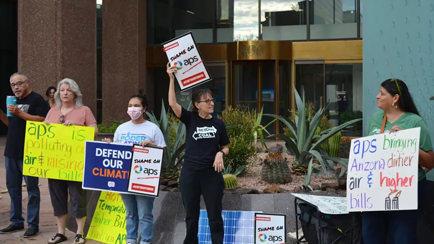 Sandy Bahr, the Sierra Club’s Grand Canyon chapter director, speaks during a protest on Thursday over Arizona Power Service’s recent decision to walk back its clean energy goals.