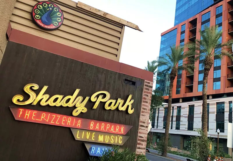 Image: The exterior of Shady Park in Tempe is shown, with Mirabella at ASU located in the background.