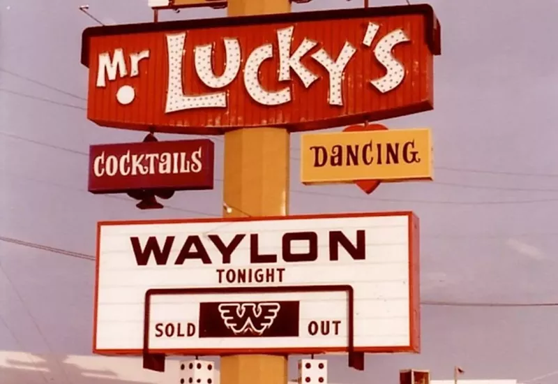 Image: The sign outside of Mr. Lucky's on the night in 1980 when Waylon Jennings recorded his ABC television special at the nightclub.